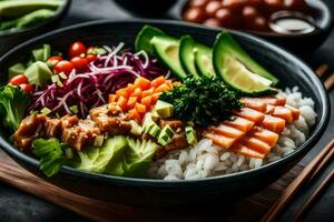 en skål av sushi med ris, grönsaker och Övrig Ingredienser. ai-genererad foto