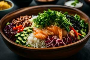 en skål av sushi med ris, grönsaker och Övrig Ingredienser. ai-genererad foto