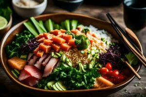 en skål av sushi med ris, grönsaker och kött. ai-genererad foto