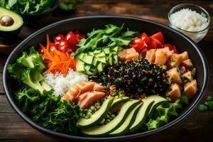 en skål av sushi med grönsaker och ris. ai-genererad foto