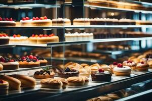 många annorlunda typer av bakverk är på visa i en bageri. ai-genererad foto