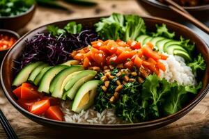 en skål av ris, grönsaker och avokado med ätpinnar. ai-genererad foto