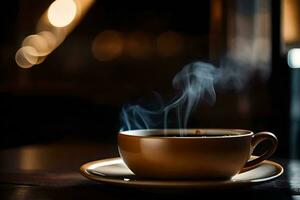 en kopp av kaffe med ånga på en tabell. ai-genererad foto