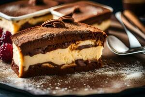 en skiva av choklad kaka med hallon på en tallrik. ai-genererad foto