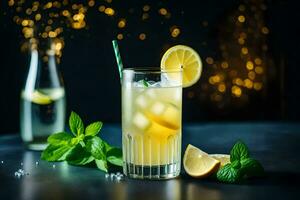 en glas av citronsaft med mynta löv och en flaska av vatten. ai-genererad foto