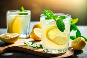 citronsaft i en glas med mynta löv. ai-genererad foto