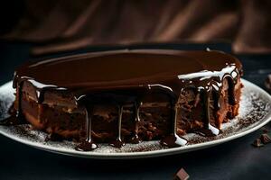 en choklad kaka med choklad glasyr på en tallrik. ai-genererad foto