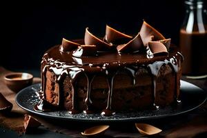 choklad kaka med choklad dugga på en svart bakgrund. ai-genererad foto