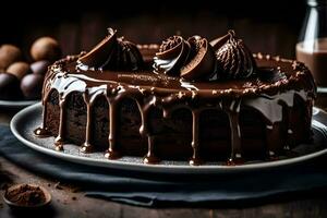 en choklad kaka med choklad glasyr och nötter. ai-genererad foto