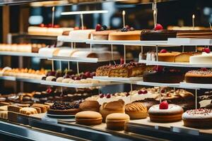 många annorlunda typer av kakor är på visa i en bageri. ai-genererad foto