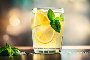 en glas av citronsaft med mynta löv och citron- skivor. ai-genererad foto