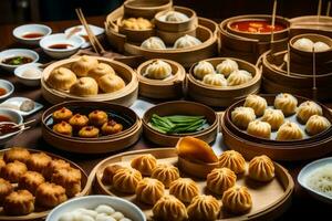 en tabell full av annorlunda typer av kinesisk mat. ai-genererad foto