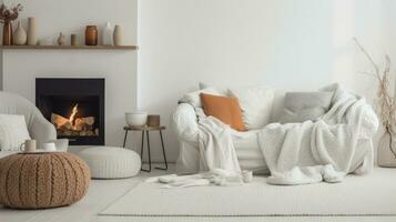 scandinavian hygge levande rum med vit soffa, stickat puff, terra cotta kuddar, och mysigt filt. ai genererad foto