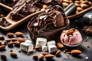 choklad is grädde, mandlar och marshmallows på en mörk bakgrund. ai-genererad foto