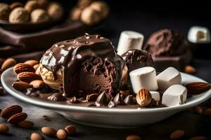choklad is grädde med nötter och marshmallows på en tallrik. ai-genererad foto