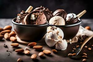 choklad is grädde i en skål med mandlar. ai-genererad foto