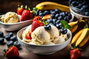 en skål av is grädde med jordgubbar, bananer och blåbär. ai-genererad foto