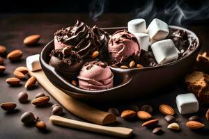 choklad is grädde i en skål med marshmallows och mandlar. ai-genererad foto
