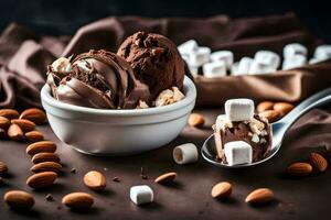 choklad is grädde med marshmallows och mandlar på en mörk bakgrund. ai-genererad foto