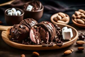 choklad täckt marshmallows och mandlar på en trä- tallrik. ai-genererad foto