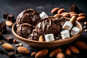choklad is grädde med mandlar och marshmallows i en skål. ai-genererad foto