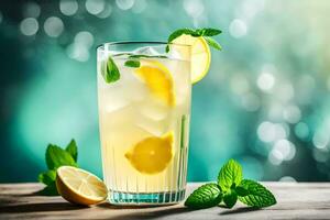 en glas av citronsaft med mynta löv och citroner. ai-genererad foto