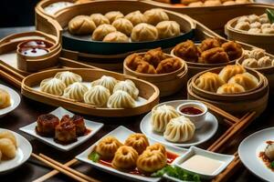 en tabell med många annorlunda typer av dumplings. ai-genererad foto