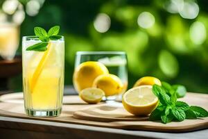 en glas av citronsaft med mynta löv på en trä- tabell. ai-genererad foto