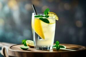 en glas av citronsaft med mynta löv och en sugrör. ai-genererad foto