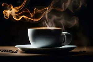 en kopp av kaffe är på en tabell med rök kommande ut av Det. ai-genererad foto