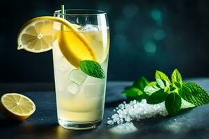 en glas av citronsaft med mynta löv och is. ai-genererad foto