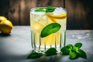 en glas av citronsaft med mynta löv. ai-genererad foto