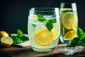 citronsaft i en glas med citron- skivor och mynta löv. ai-genererad foto