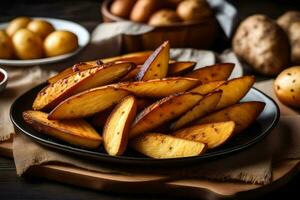 potatis kilar på en tallrik med ketchup och Övrig Ingredienser. ai-genererad foto