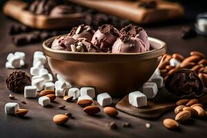 choklad is grädde i en skål med mandlar och marshmallows. ai-genererad foto