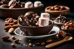 choklad is grädde i en skål med mandlar. ai-genererad foto