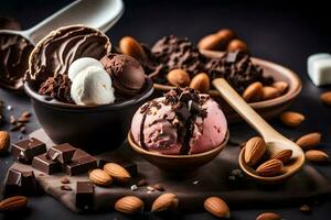 choklad is grädde, mandlar och choklad barer. ai-genererad foto