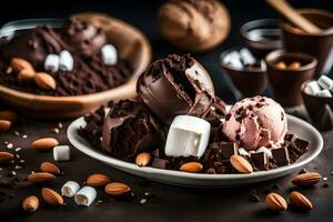 choklad is grädde med marshmallows och mandlar på en tallrik. ai-genererad foto