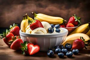 en skål av is grädde, jordgubbar, blåbär och bananer. ai-genererad foto