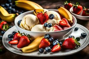 banan, blåbär, jordgubbe, och banan is grädde. ai-genererad foto