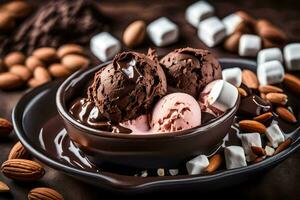 choklad is grädde med mandlar och marshmallows. ai-genererad foto