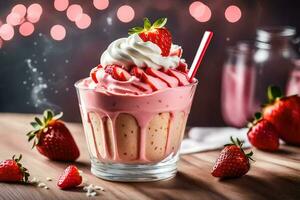 en jordgubb milkshake med vispad grädde och jordgubbar. ai-genererad foto