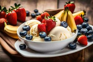 en skål av is grädde med jordgubbar, blåbär och bananer. ai-genererad foto