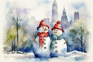 vattenfärg vykort med Lycklig par av snowmen i en snöig parkera i ny york. söt karaktär. ai genererad foto