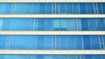 glas byggnad med transparent Fasad av de byggnad och blå himmel. strukturell glas vägg reflekterande blå himmel. abstrakt modern arkitektur fragment. samtida arkitektonisk bakgrund. foto