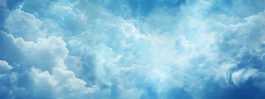 lugn himmel med fluffig vit moln mot en lugn blå bakgrund. ai generativ foto