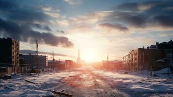 vinter- stad landskap på gryning. ai genererad foto