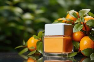 mock-up av kosmetisk rör produkt, naturlig Ingredienser från orange frukt, generativ ai. foto