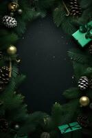 jul ram med xmas träd på svart duk bakgrund. glad jul kort. vinter- Semester tema. Lycklig ny år. Plats för text. ai generativ foto