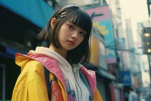 ung flicka nedsänkt i de vibrerande energi av Tokyos 90-talet gator, en fusion av kultur och mode. ai generativ foto